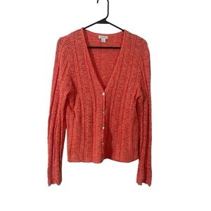 Sundance Coral Crochet  Mixed Open Knit Cardigan M Cotton Quiet Luxury Preppy